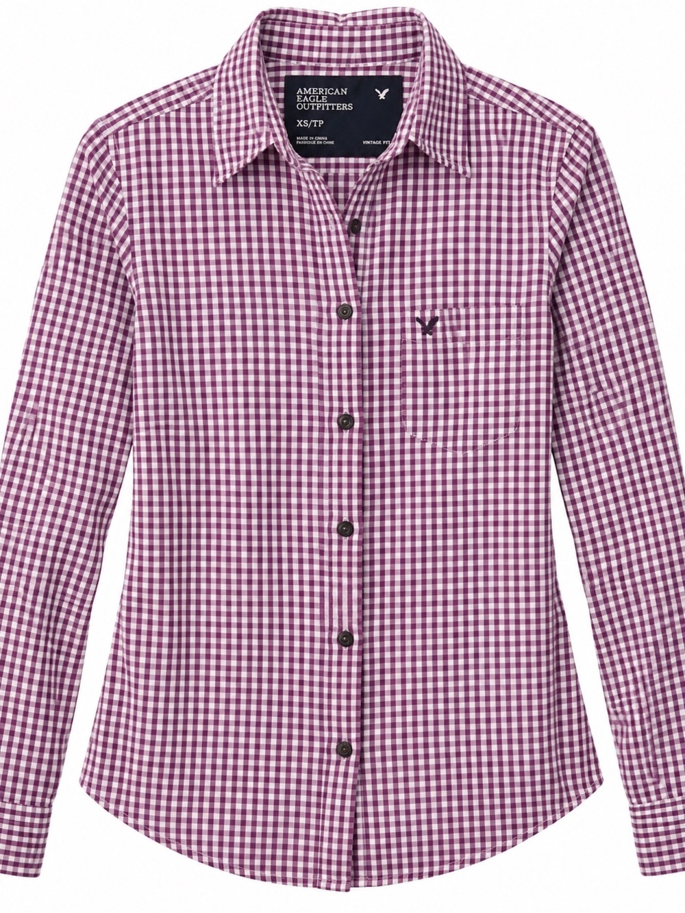 American Eagle Outfitters Purple Gingham Long-Sleeve Button-Down Shirt